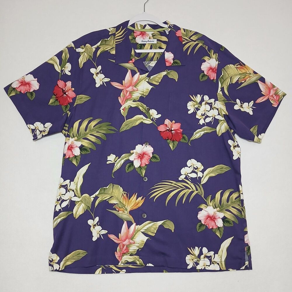 Tommy Bahama Silk Button Shirt Men XL Short Sleeve Beach Purple Floral #981